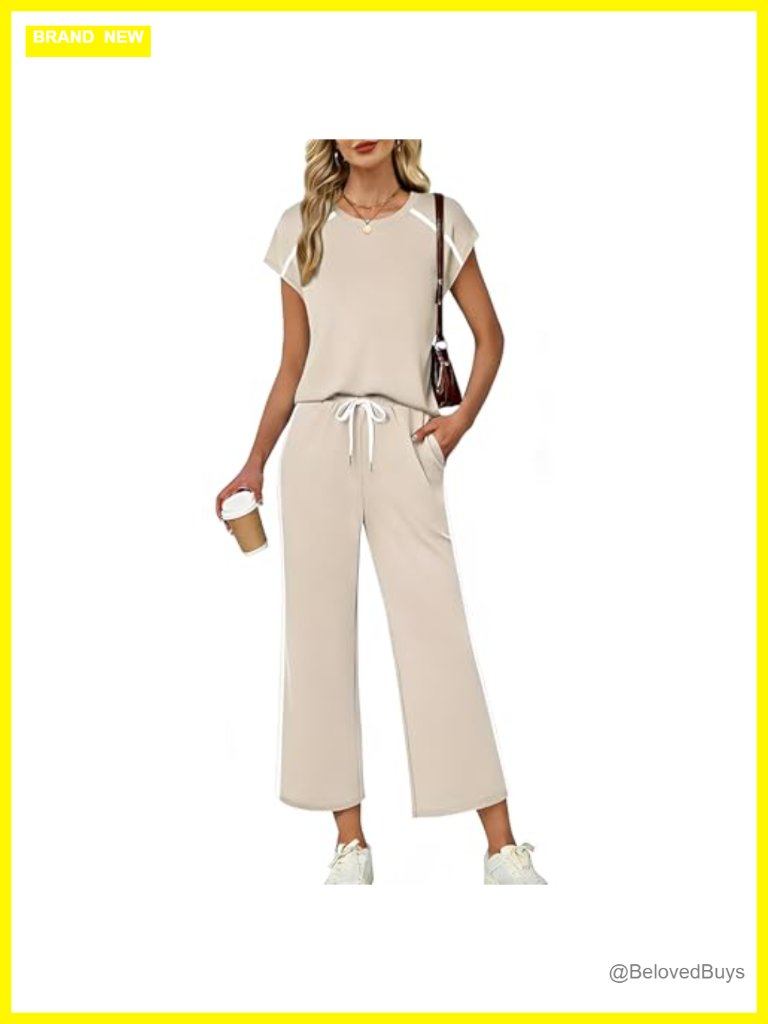 Two Piece Lounge Set Crew Neck Top Wide Leg Crop Pants Travel Outfit